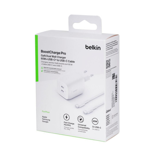 Ładowarka Belkin BoostCharge Pro Dual USB-C PD 3.0 PPS GaN Wall Charger 65W + USB-C to USB-C Cable 2m White-14518025