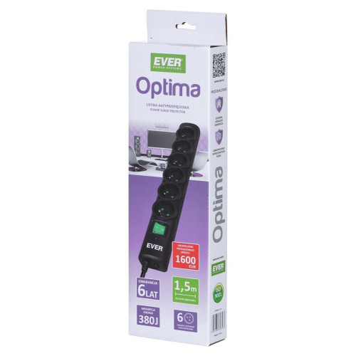 Listwa przeciwprzepięciowa Ever OPTIMA 1,5m (6 x UTE; 10 A; kolor czarny) (T/LZ08-OPT015/0000)-14644017