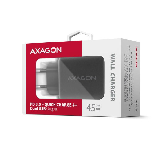 Axagon ACU-PQ45 QC 3.0, 4.0/AFC/FCP/PPS/PD, 45W, schwarz - Netzladegerät mit USB-A und USB-C Schnittstelle Telefon kom