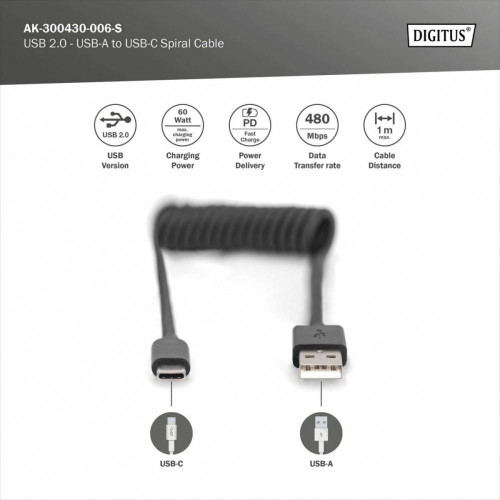 Kabel spiralny USB A/USB C, USB 2.0, PD 60W, max. 1m Czarny-14806621