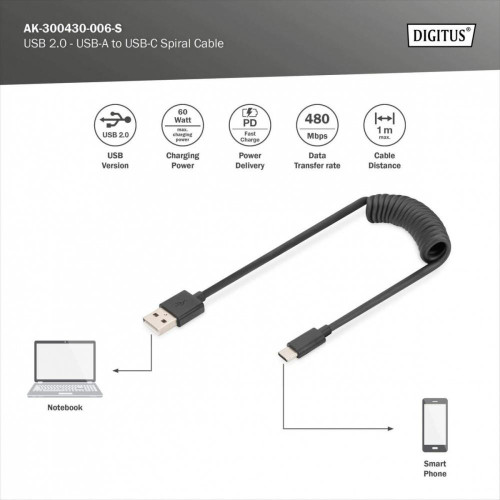 Kabel spiralny USB A/USB C, USB 2.0, PD 60W, max. 1m Czarny-14806622