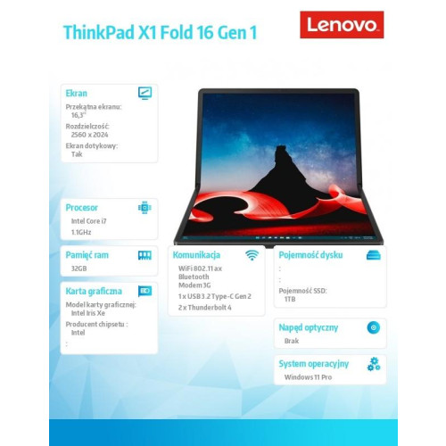 Laptop ThinkPad X1 Fold 16 G1 21ES0013PB W11Pro i7-1260U/32GB/1TB/INT/LTE/16.3/Touch/vPro/3YRS Premier Support + CO2 Off