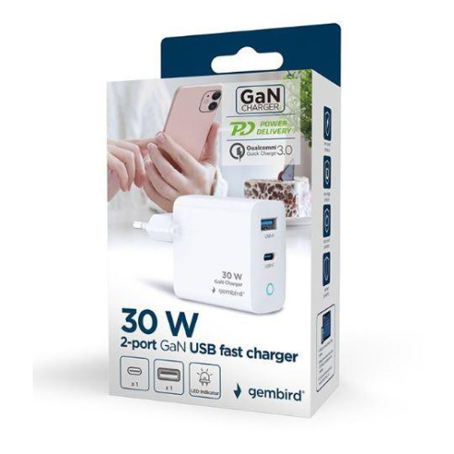 Ładowarka USB-A/C GaN LED 30W PD QC3.0 biała-14811257