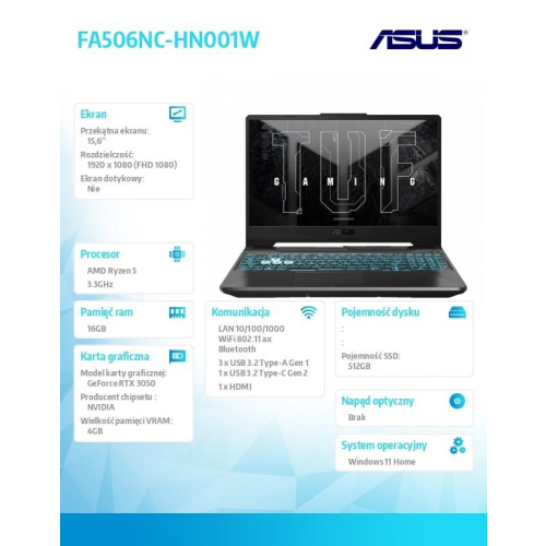 Notebook TUF Gaming A15 FA506NC-HN001W R5-7535hs 16GB/512GB/GeForce RTX3050-14811277