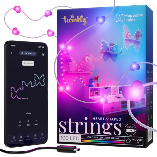 Inteligentne lampki dekoracyjne Strings USB-C (Candies) 100 LED RGB, serca, przezroczysty przewód, 6 m-14811452