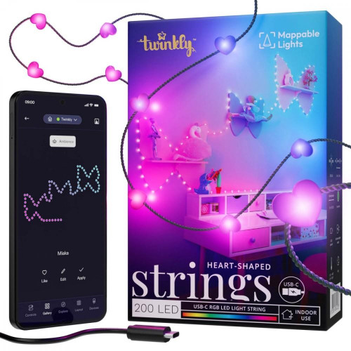 Inteligentne lampki dekoracyjne Strings USB-C (Candies) 200 LED RGB, serca, zielony przewód, 12 m-14811466