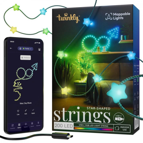 Inteligentne lampki dekoracyjne Strings USB-C (Candies) 200 LED RGB, gwiazdy, zielony przewód, 12 m-14811500