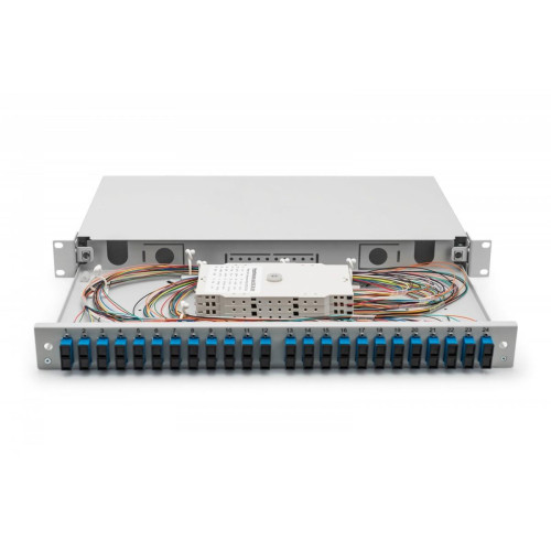Przełącznica światłowodowa/panel krosowy z wyposażeniem 19 cali 1U, 24x SC duplex, OS2, pigtaile, adaptery, tacki, 