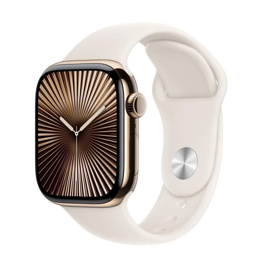 Watch Series 10 GPS + Cellular, koperta 42 mm z tytanu w kolorze złotym z paskiem sportowym w kolorze księżycowej poświaty - rozmiar M/L