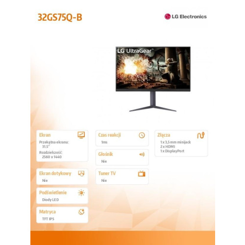 Monitor 32 cale 32GS75Q-B QHD UltraGear 180Hz, 1ms, 400 dc, DP, HDMI, Pivot, HAS-14820070