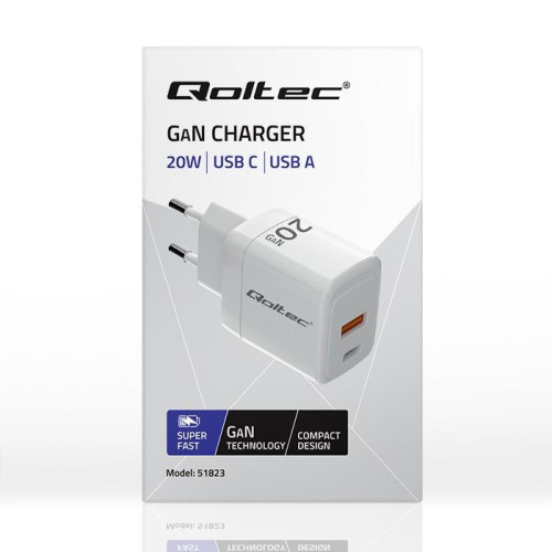 Ładowarka sieciowa 20W GaN | 5-20V | 1.5-3A | 1xUSB-C PD | 1xUSB QC 3.0 | Biała-14821122