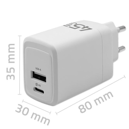 Ładowarka sieciowa 45W GaN | 5-20V | 1.5-3A | 1xUSB-C PD | 1xUSB QC 3.0 | Biała-14823471