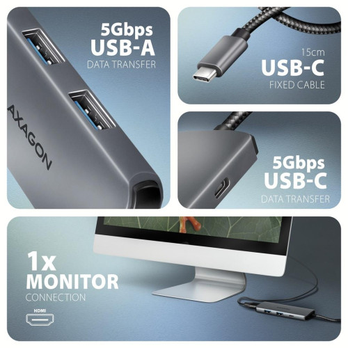 Axagon HMC-5H8K USB 5Gbps hub 2x USB-A USB-C HDMI 8k/30Hz PD 100W kabel USB-C Przewodowa USB 3.2 Gen 1 (3.1 Gen 1) Type-