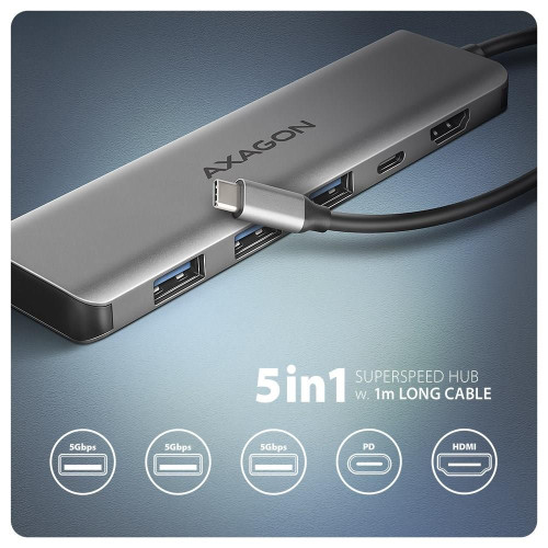 Axagon HMC-5H USB-C 3.2 Gen 1 hub 3x USB-A 4K HDMI PD 100W - Silber Przewodowa USB 3.2 Gen 1 (3.1 Gen 1) Type-C Srebrny-