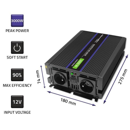 Qoltec Przetwornica napięcia Monolith 3000 MS Wave | 12V na 230V | 1500/3000W | USB-14997459