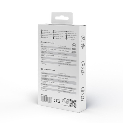 Ładowarka sieciowa USB Quick Charge Power Delivery 3.0 18W +1m kabel USB typ C, LA-05 C-15032262