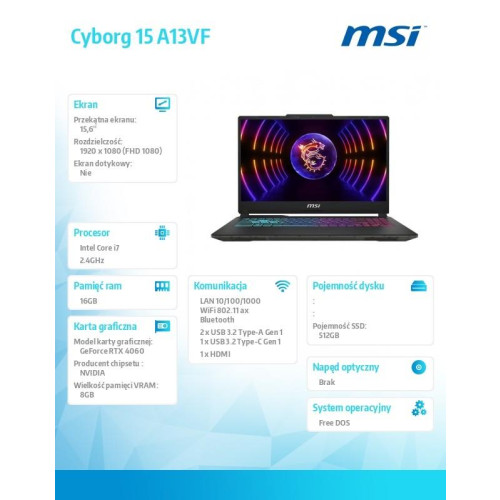 Notebook Cyborg 15 A13VF-1484XPL nOS/RLi7-13620H/16GB/512SSD/RTX4060/15.6-15035672