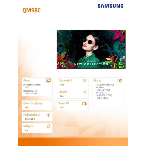 Monitor profesjonalny QM98C 98 cali Matowy 24h/7 500(cd/m2) 3840x2160 (UHD) S10 Player (Tizen 7) Wi-Fi/BT 3 lata On-Site