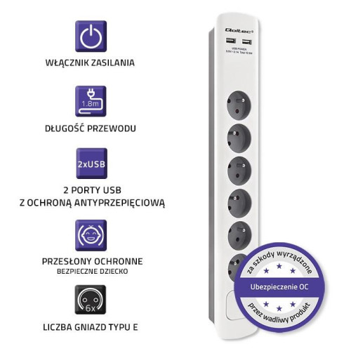 QOLTEC LISTWA ZASILAJĄCA ANTYPRZEPIĘCIOWA | 6 GNIAZD | 2 X USB | 1.8M | BIAŁO-SZARA-15052523