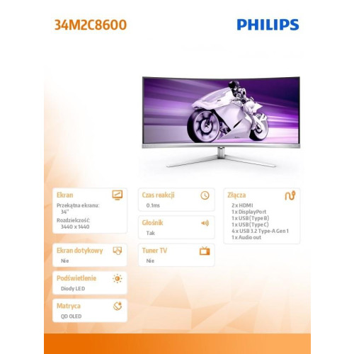 Monitor 34 cale Evnia 34M2C8600 Curved QD OLED 175Hz HDMIx2 DP USB-C HDR HAS Ambiglow-15065396