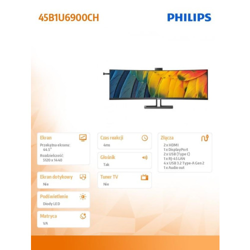 Monitor 45 cali 45B1U6900CH VA Curved HDMIx2 DP USB-C HDR HAS Kamera-15065397
