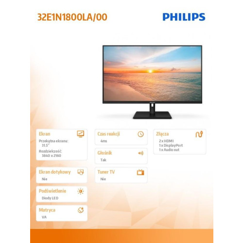 Monitor 32E1N1800LA VA 31.5 cala 4K HDMIx2 DP Głośniki-15066181