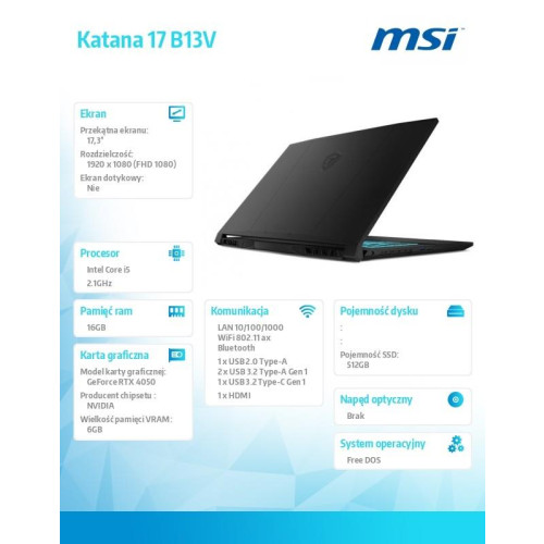 Notebook Katana 17 B13VEK-1449XPL nOS/RLi5-13420H/16GB/512SSD/RTX4050/17.3 cala-15066315