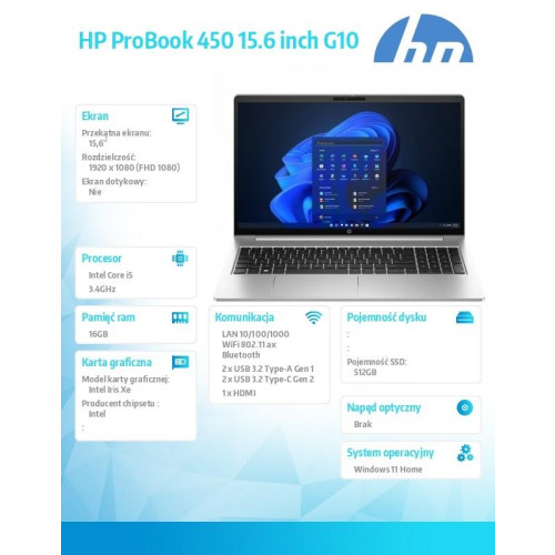 Notebook 450 G10 i5-1334U 16GB/512GB/15.6 cali FHD/Win11Home/ AD1G7ET-15067145
