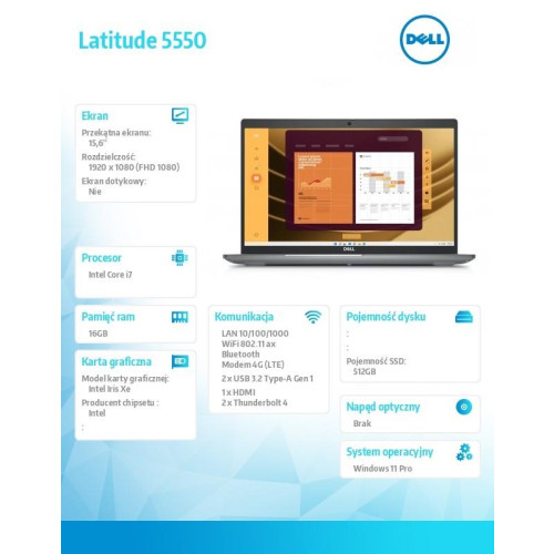 Notebook Latitude 5550 Win11Pro i7-1355U/16GB/512GB SSD Gen4/15.6 FHD/Intel Iris Xe/FgrPr&SmtCd/FHD/IR Cam/Mic/LTE 4G+BT