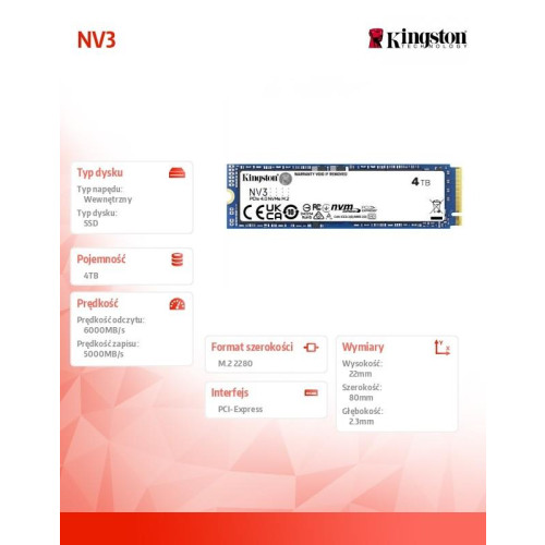 Dysk SSD NV3 4TB M.2 2280 PCI-e 4.0 NVMe 6000/5000-15068340