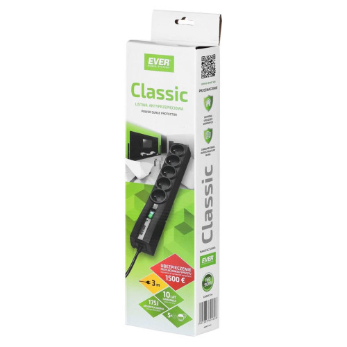 Listwa antyprzepięciowa Ever Classic 3,0m (5 x UTE; 10 A; kolor czarny) (T/LZ09-CLA030/0000)-15077107