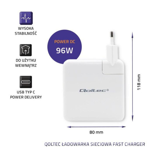 Qoltec Ładowarka sieciowa FAST 96W | 5-20V | 3- 4.7A | USB C PD | Laptop | Smartfon | Biała-15104405