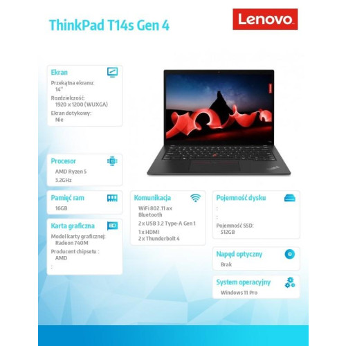 Ultrabook ThinkPad T14s G4 21F80025PB W11Pro 7540U/16GB/512GB/INT/14.0 WUXGA/Deep Black/3YRS Premier SUpport + CO2 Offse
