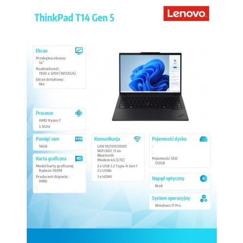 Ultrabook ThinkPad T14 G5 21MC0019PB W11Pro 8840U/16GB/512GB/INT/14.0 WUXGA/Black/3YRS Premier Support + CO2 Offset-1516