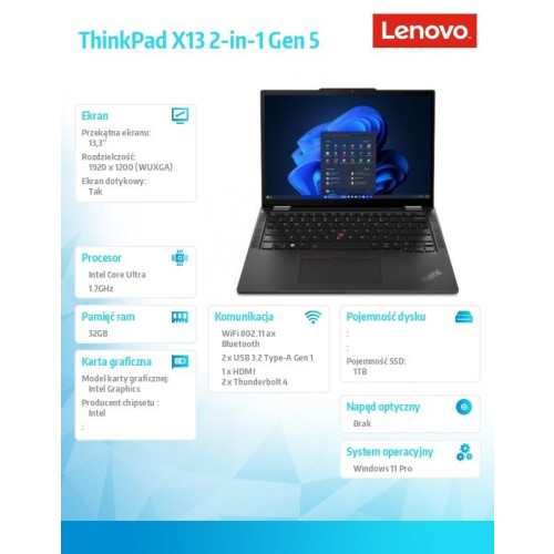 Ultrabook ThinkPad X13 2in1 G5 21LW000QPB W11Pro Ultra7 155U/32GB/1TB/INT/13.3 WUXGA/Touch/Black/3YRS Premier Support + 