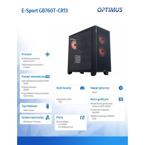 Komputer E-Sport GB760T-CR13 i5-14400F/16GB/1TB/RTX 4060 OC 8GB/W11-15167279
