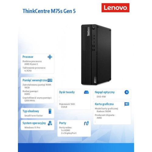 Komputer ThinkCentre M75s G5 SFF 12TA0005PB W11Pro 8600G/16GB/512GB/AMD Radeon/DVD/3YR OS-15167312