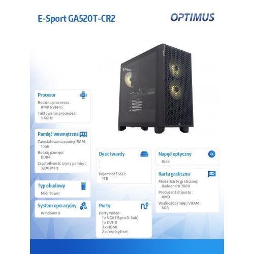 Komputer E-Sport GA520T-CR2 Ryzen 5 5600X/16GB/1TB/RX 7600 OC 8GB/W11-15167594