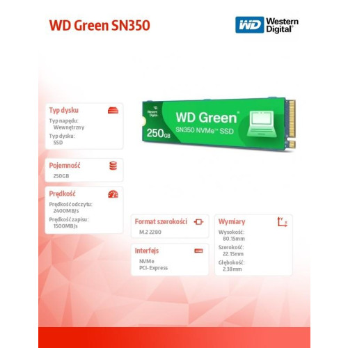 Dysk SSD Green 250GB M.2 2280 SN350 NVMe PCIe-15167829