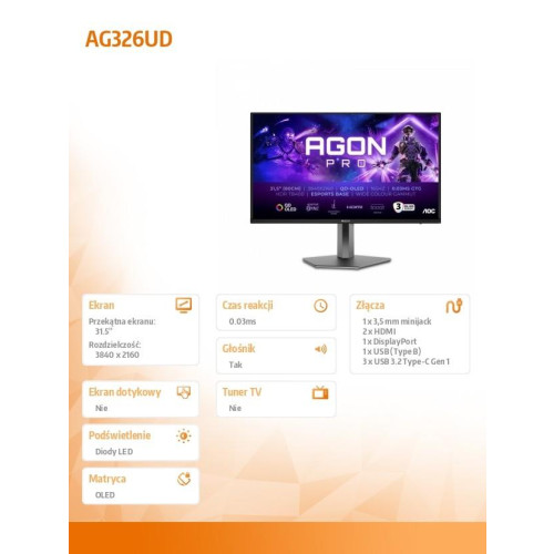 Monitor AG326UD 31.5 cala 4K QD-OLED 165Hz HDMIx2 DP Pivot Głośniki-15170170