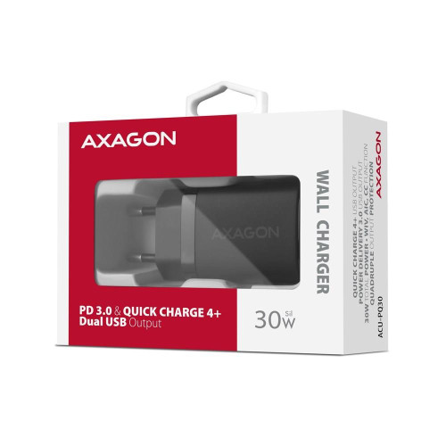 Axagon ACU-PQ30 Ladegerät QC3.0, 4.0/AFC/FCP/PPS/Apple+ PD USB-C, 30W - schwarz - Kompaktes Ladegerät - 1x USB-C und 1