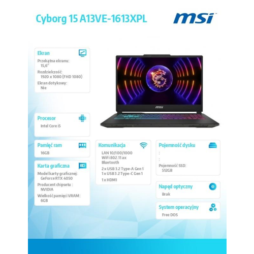 Notebook Cyborg 15 A13VE-1613XPL nOS/i5-13420H/16GB/512SSD/RTX4050/15.6 cala-15392735