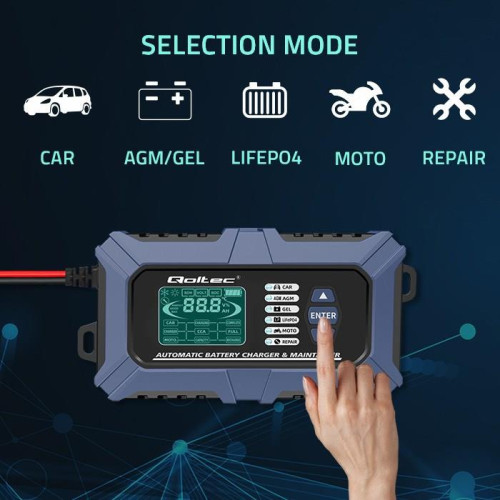 Qoltec Inteligentna mikroprocesorowa ładowarka z testerem baterii i funkcją naprawy 12V | 6A | LCD | Prostownik do aku
