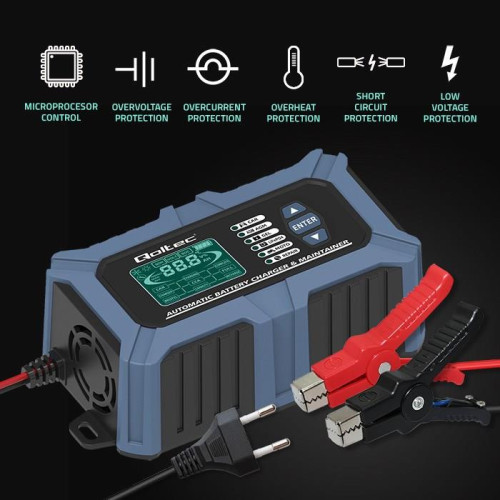 Qoltec Inteligentna mikroprocesorowa ładowarka z testerem baterii i funkcją naprawy 12V | 6A | LCD | Prostownik do aku