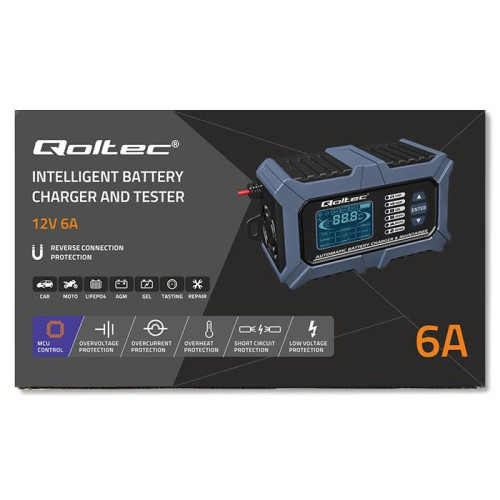 Qoltec Inteligentna mikroprocesorowa ładowarka z testerem baterii i funkcją naprawy 12V | 6A | LCD | Prostownik do aku