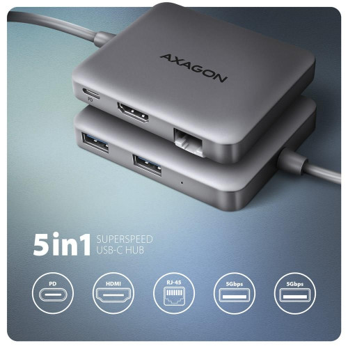 Axagon N HMC-5HL USB 5Gbps hub 2x USB-A HDMI 4k/60Hz RJ-45 GLAN PD 100W kabel USB-C Przewodowa USB 3.2 Gen 1 (3.1 Gen 1)