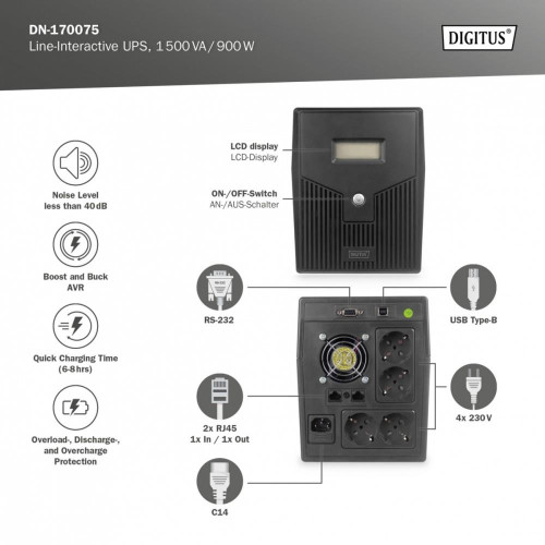 Zasilacz awaryjny UPS Line-Ineractive LCD, 1500VA/900W, 2x12V/9Ah, AVR, 4xSCHUKO, USB, RS232, RJ45-15923849