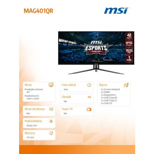 Monitor MAG401QR 40 cali /1ms/ IPS/UWQHD/155Hz/21:9-15925350