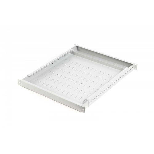 Półka do szaf regulowana 19 cali, 1U, gł. 500-900 mm, nośność 100kg, mocowanie w 4 punktach, szara, śruby w kompl