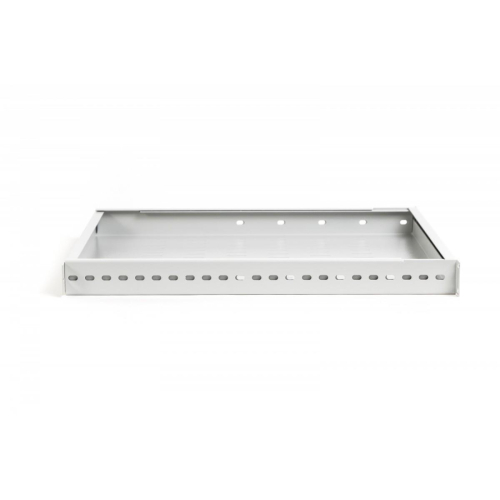 Półka do szaf regulowana 19 cali, 1U, gł. 500-900 mm, nośność 100kg, mocowanie w 4 punktach, szara, śruby w kompl